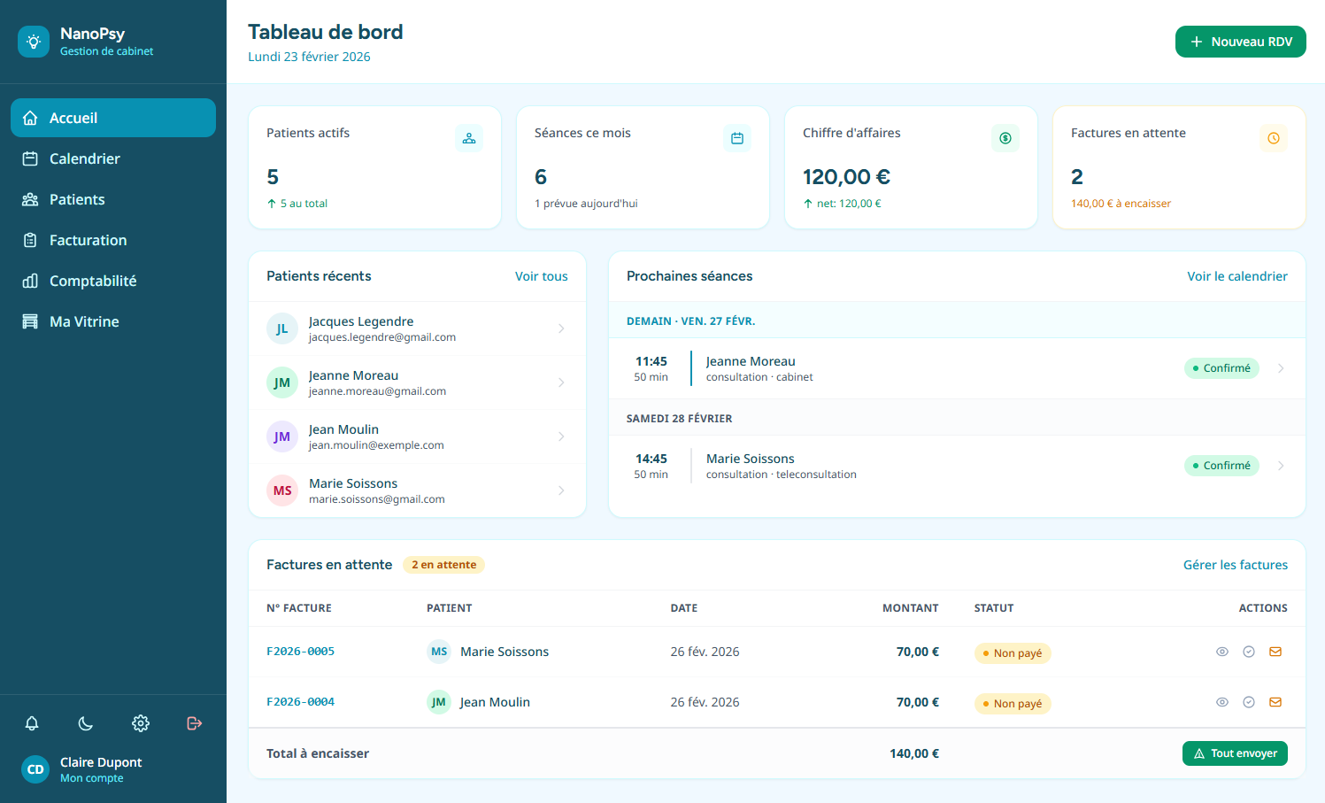 Aperçu du tableau de bord NanoPsy